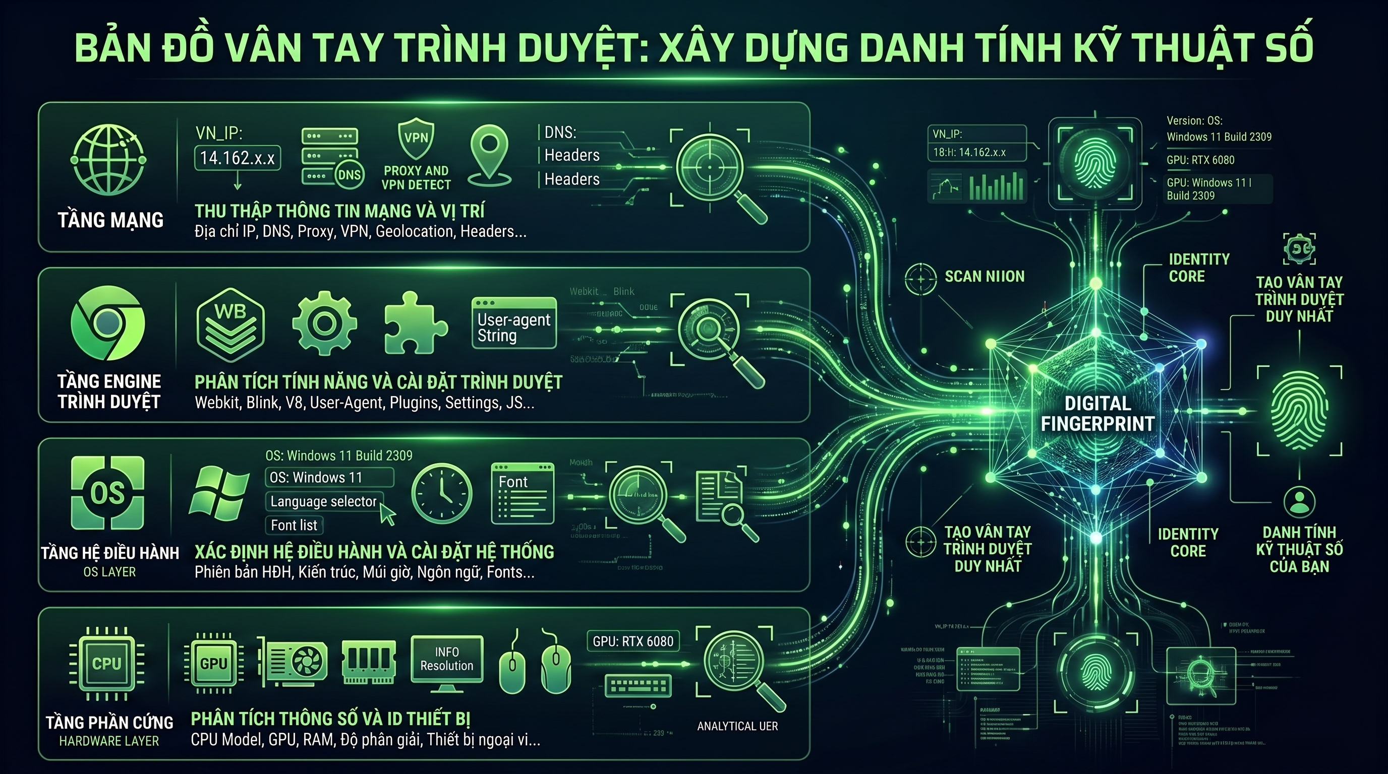 Minh họa anti-detect engine và fingerprint browser giữa InviBrowser và AdsPower