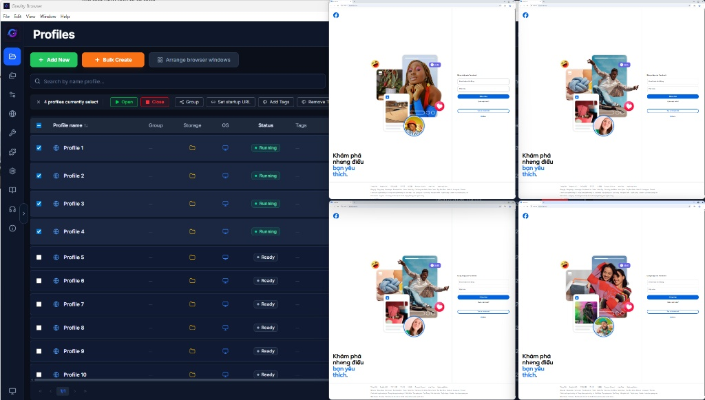 Minh họa quản lý profile trong anti-detect browser