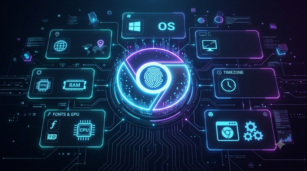 Minh họa khái niệm browser fingerprint và các thông tin trình duyệt gửi đi